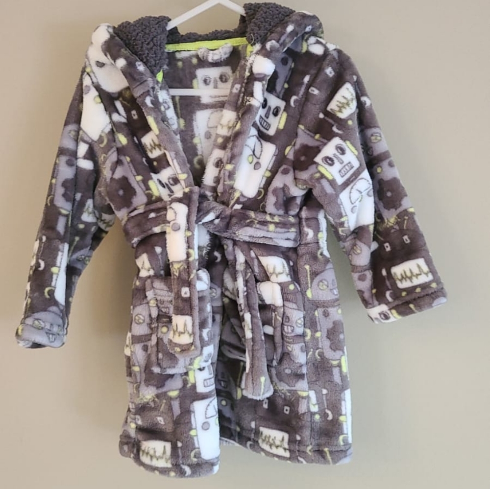 Plush robot print grey hooded robe/ house coat